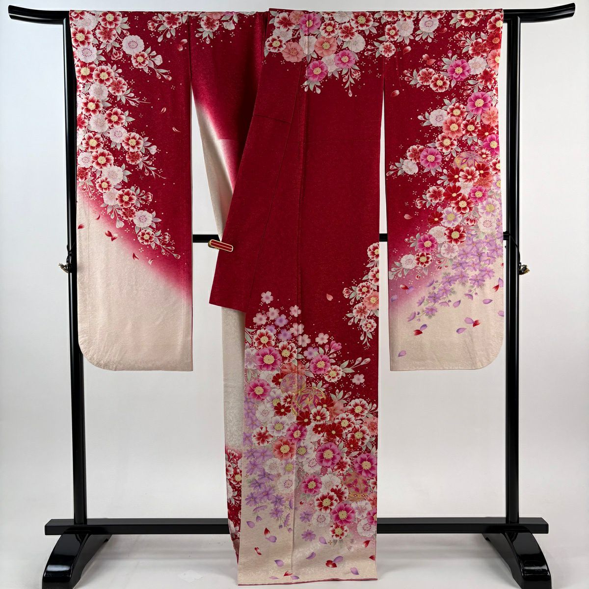 振袖禮服 身長166cm 袖長66cm M 雙層 手鞠 草花紋 金銀彩 紅 純蠶絲 逸品級