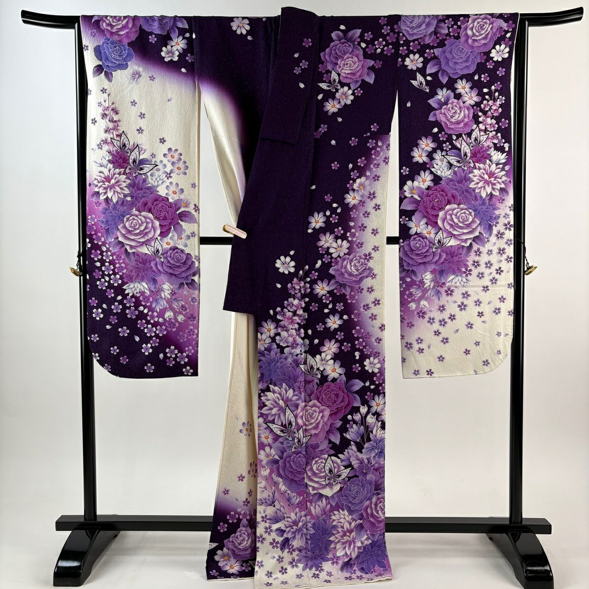 【美品】振袖禮服 身長169cm 袖長67.5cm L 雙層 蝴蝶 玫瑰 水晶銀線 紫 純蠶絲 逸品級