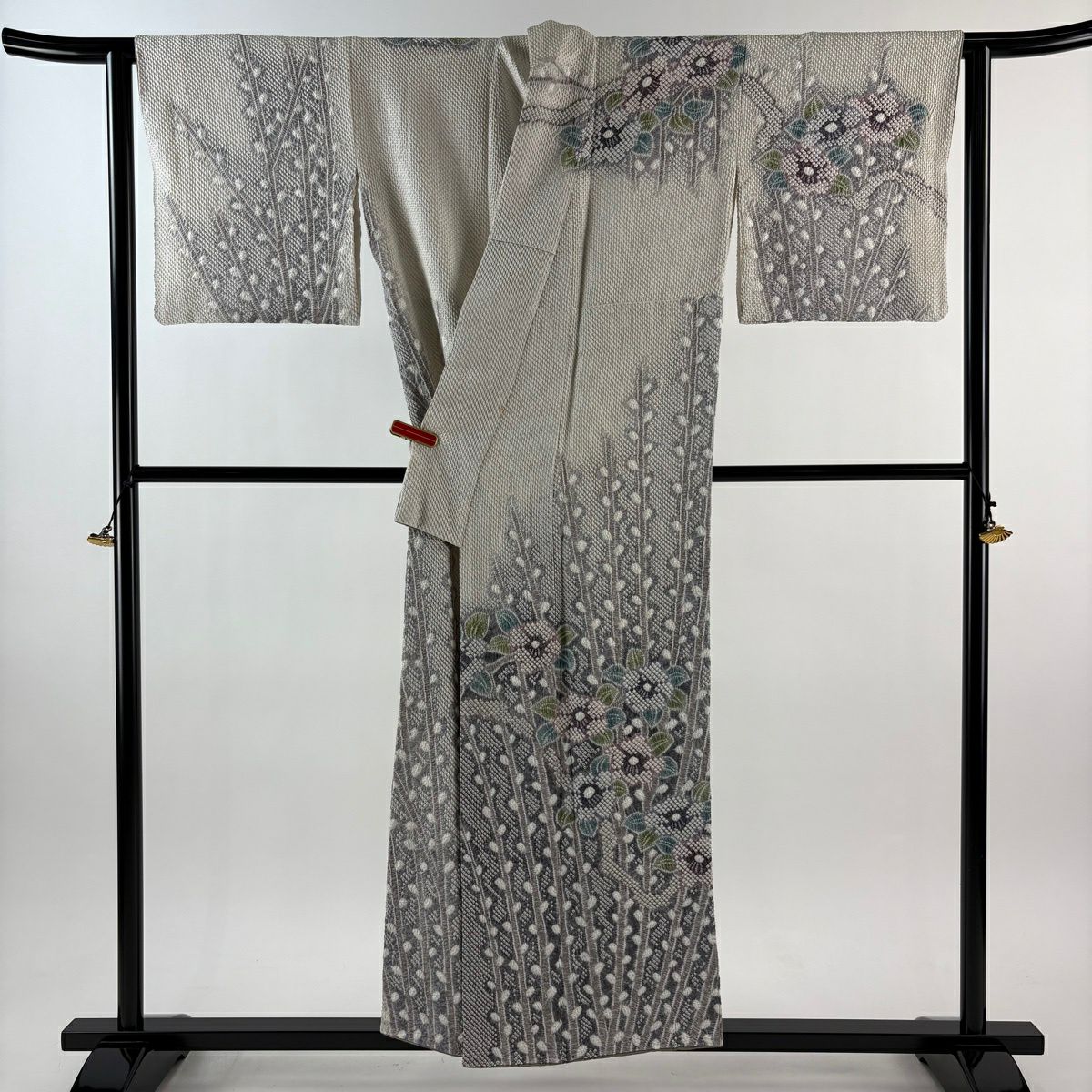 訪問服 身長153cm 袖長63cm S 雙層 椿 猫柳 總絞 灰白 純蠶絲 逸品級 一つ紋