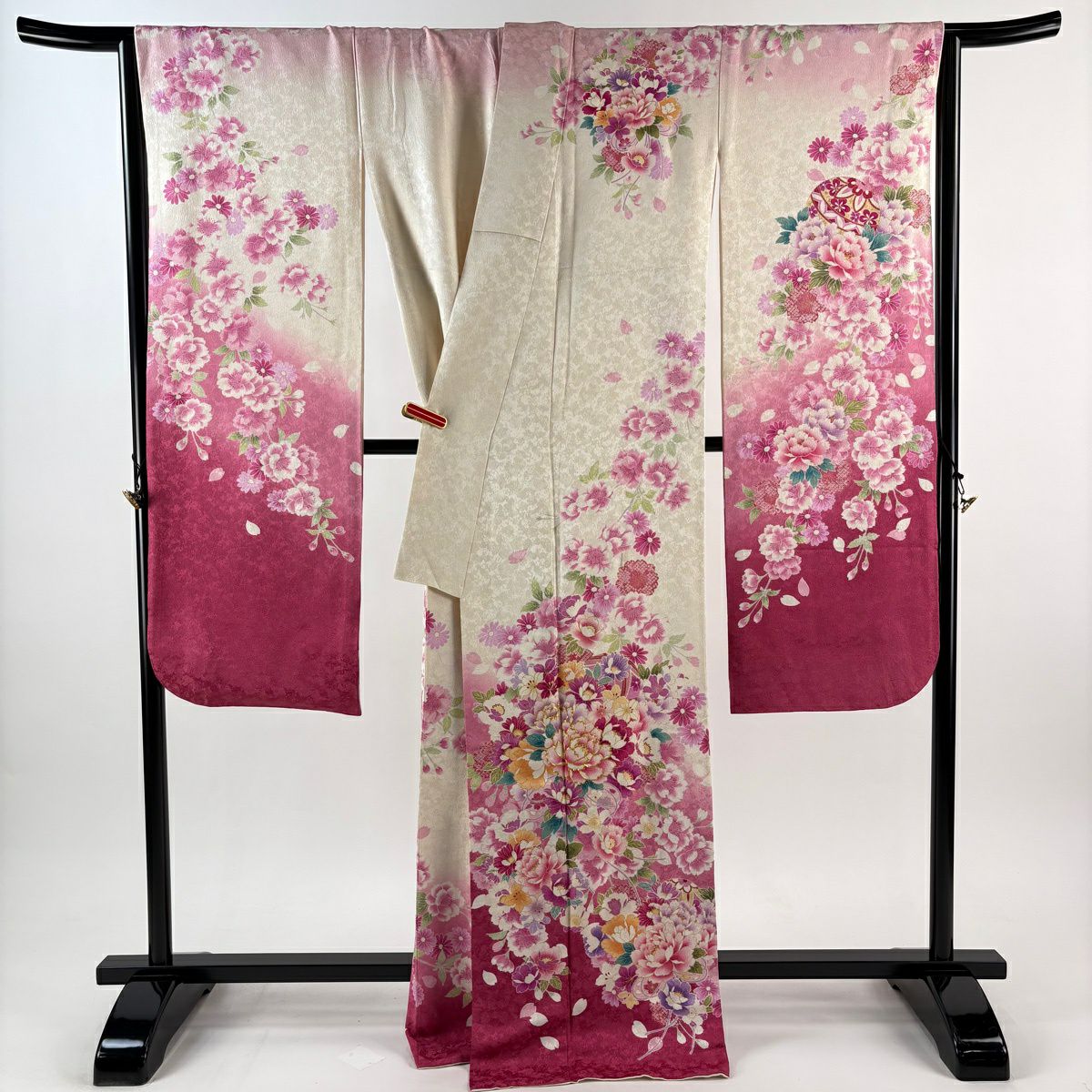 【美品】振袖禮服 身長169cm 袖長68cm L 雙層 花束 手毬 金通 金絲 粉色 純蠶絲 逸品級