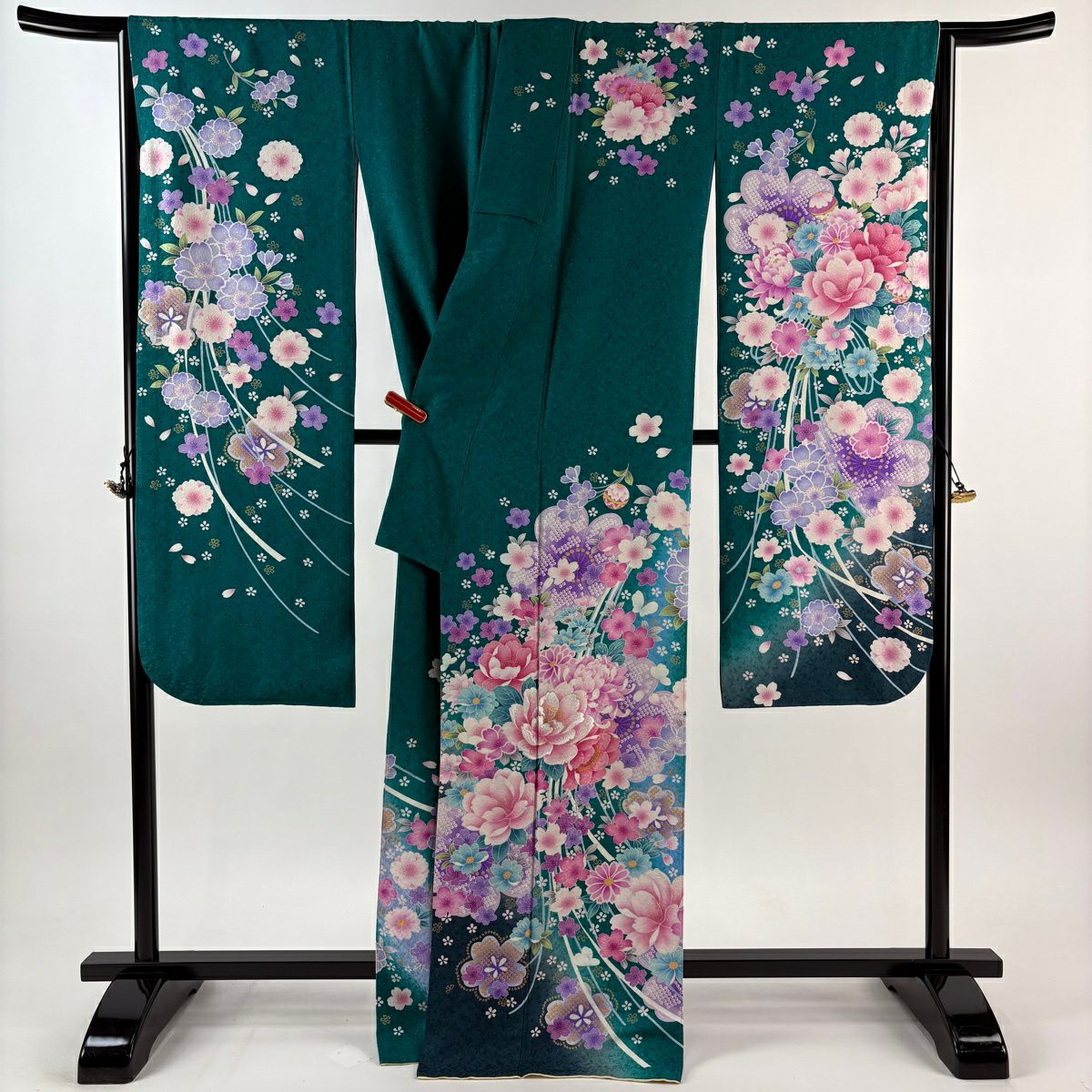 【美品】振袖禮服 身長167cm 袖長68.5cm L 雙層 草花紋紋 櫻花 金銀彩 刺繡 綠 純蠶絲 逸品級