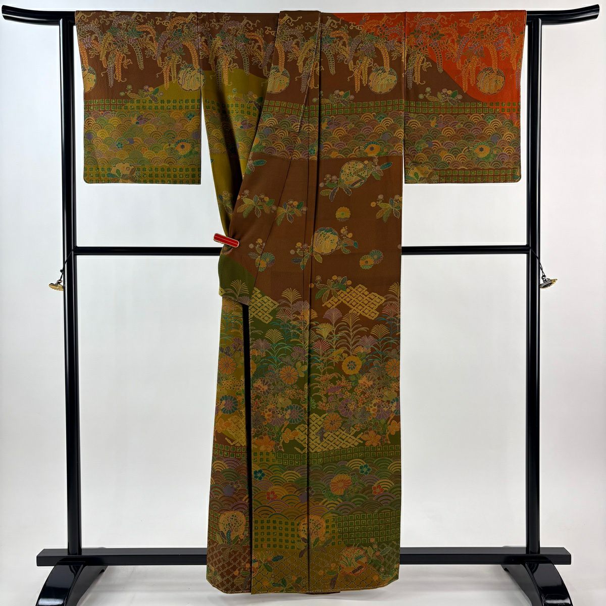 【美品】訪問服 身長161cm 袖長65.5cm M 雙層 前田仁仙 落款あり 草花紋紋 青海波 染分 茶 純蠶絲 逸品級