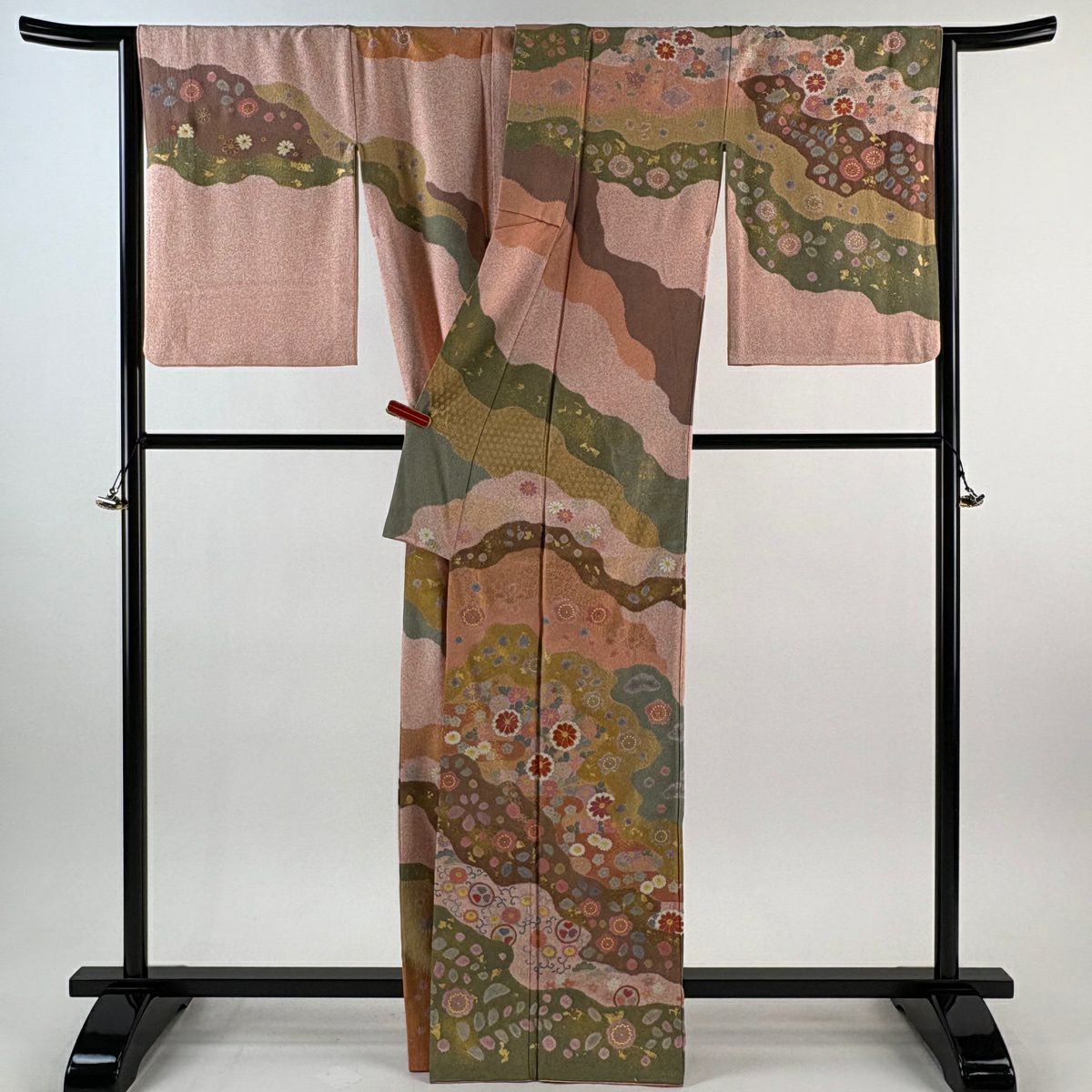 訪問服 身長166.5cm 袖長65cm M 雙層 松樹井青青 落款あり 霞 草花紋 金絲 金銀彩 粉紅 純蠶絲 逸品級