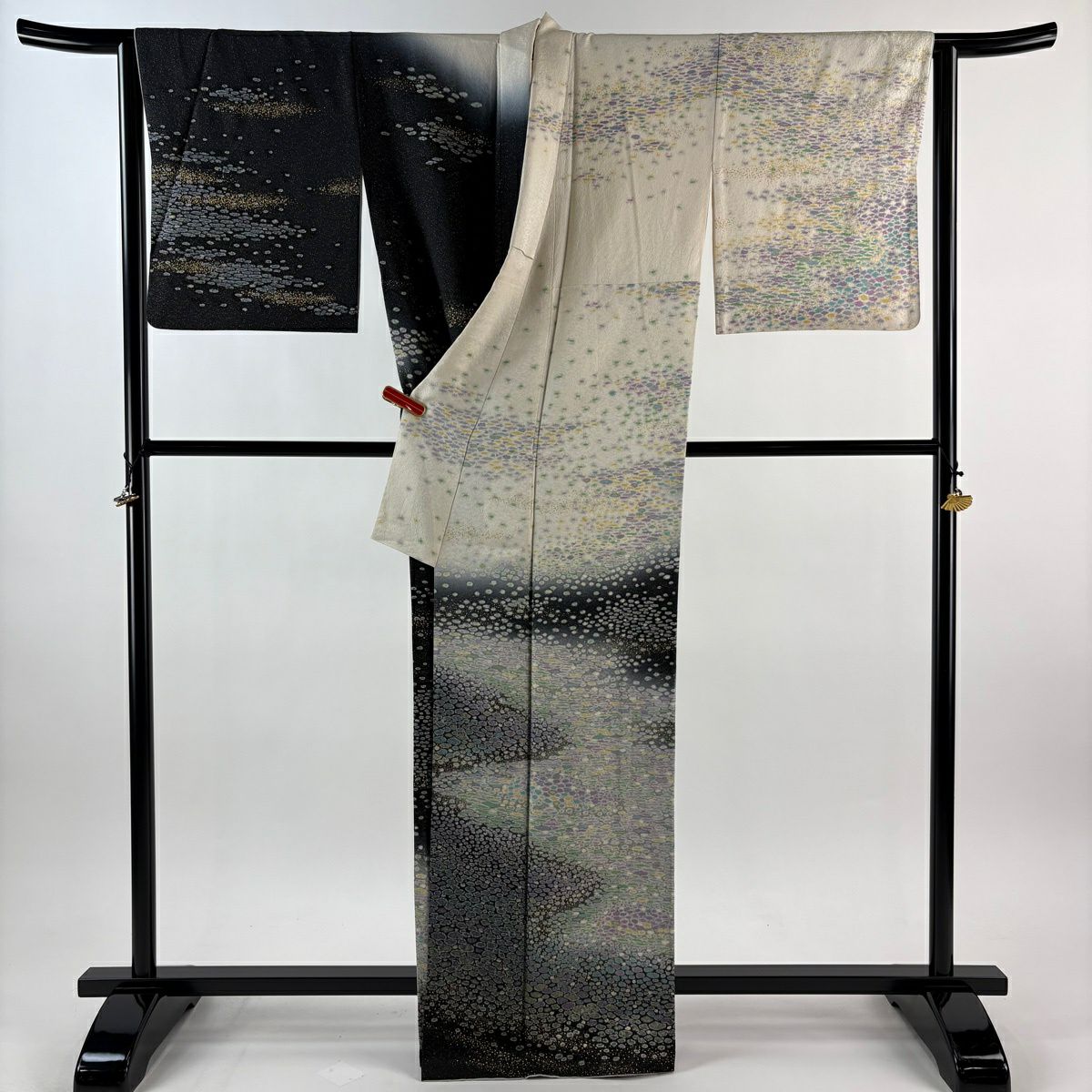 訪問服 身長165.5cm 袖長66.5cm M 雙層 霞 幾何學 金銀彩 金通し 奶油色 純蠶絲 逸品級