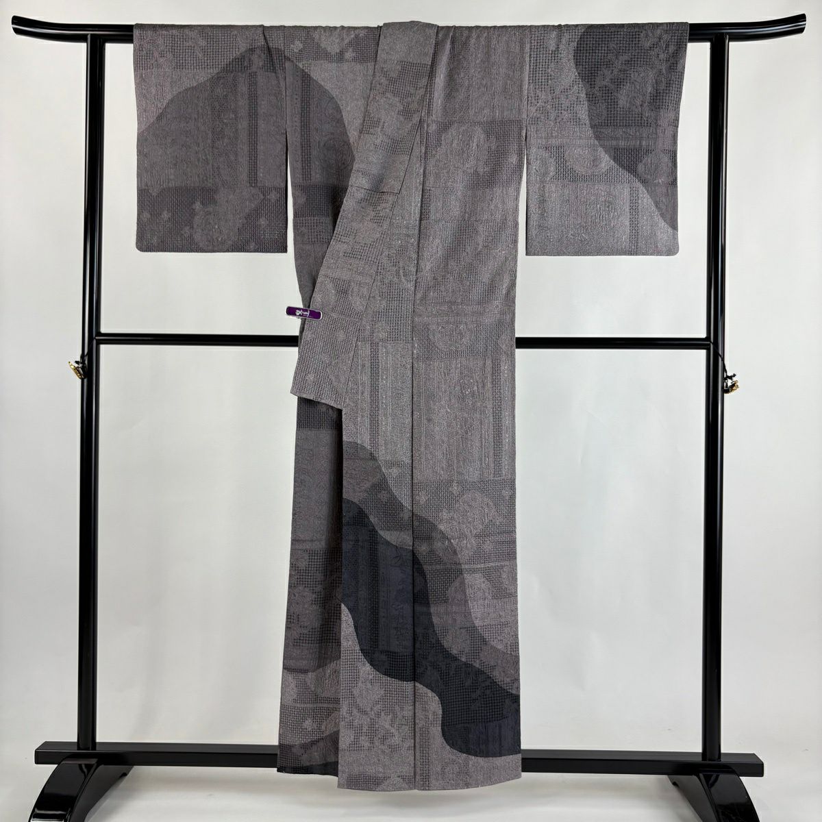 【美品】訪問服 身長157cm 袖長62.5cm S 雙層 ますいわ屋 草花紋紋 霞刺繡 染分 灰紫 純蠶絲 逸品級