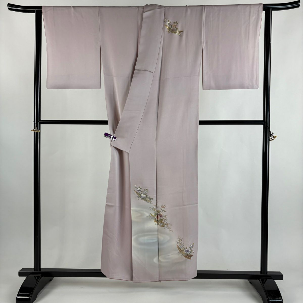 付下 身長154cm 袖長63cm S 雙層 鈴乃屋 有落款 舟 草花紋紋 拉麵 金銀彩 淺粉色 純蠶絲 逸品級