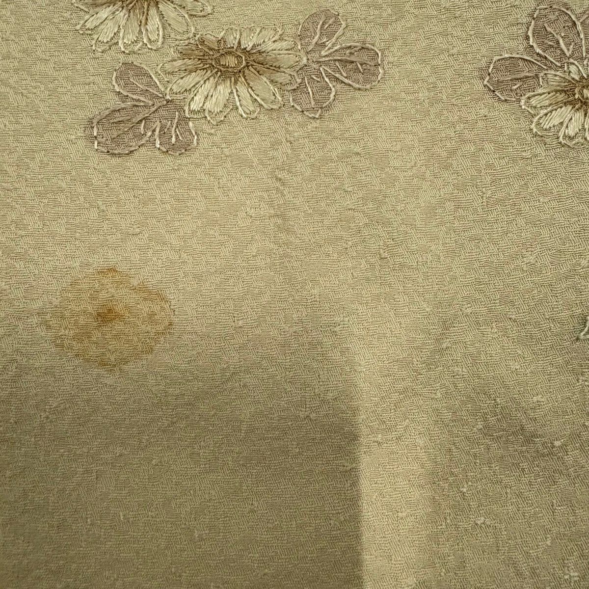 付下 身長165.5cm 袖長67.5cm L 雙層 鼓 草花紋刺繡 金線 淺黃 純蠶絲 優品級