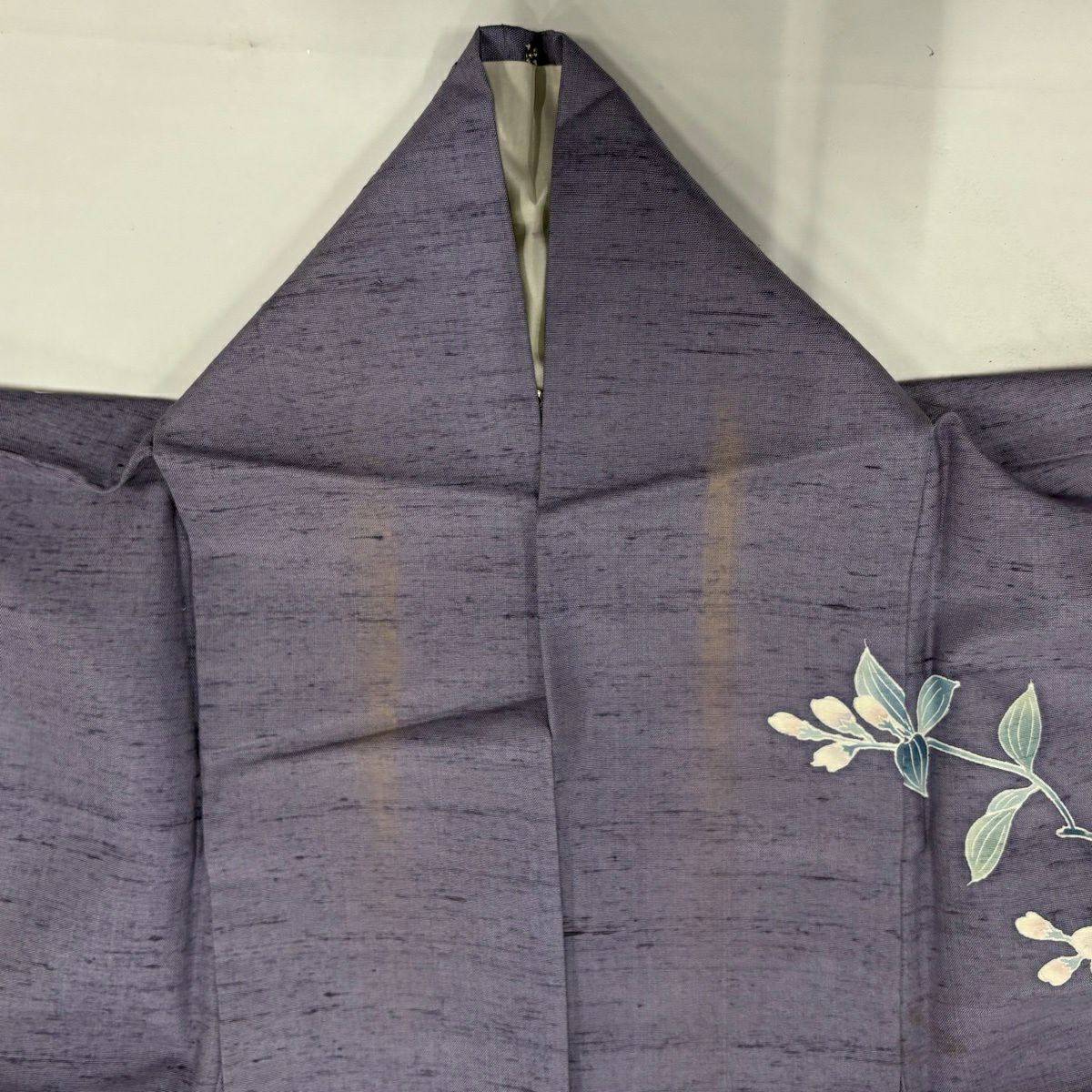 訪問服 身長158.5cm 袖長64cm M 單層 紬織織 落款あり 草花紋紋 灰紫 純蠶絲 秀品級