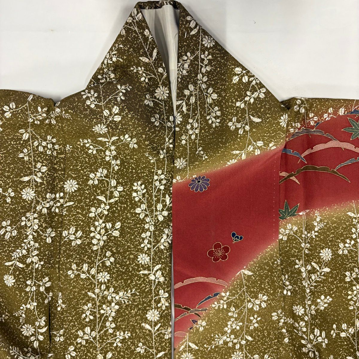 振袖禮服 身長162.5cm 袖長67cm M 雙層 仙鶴 橘 金銀彩 染分 茜 純蠶絲 秀品級