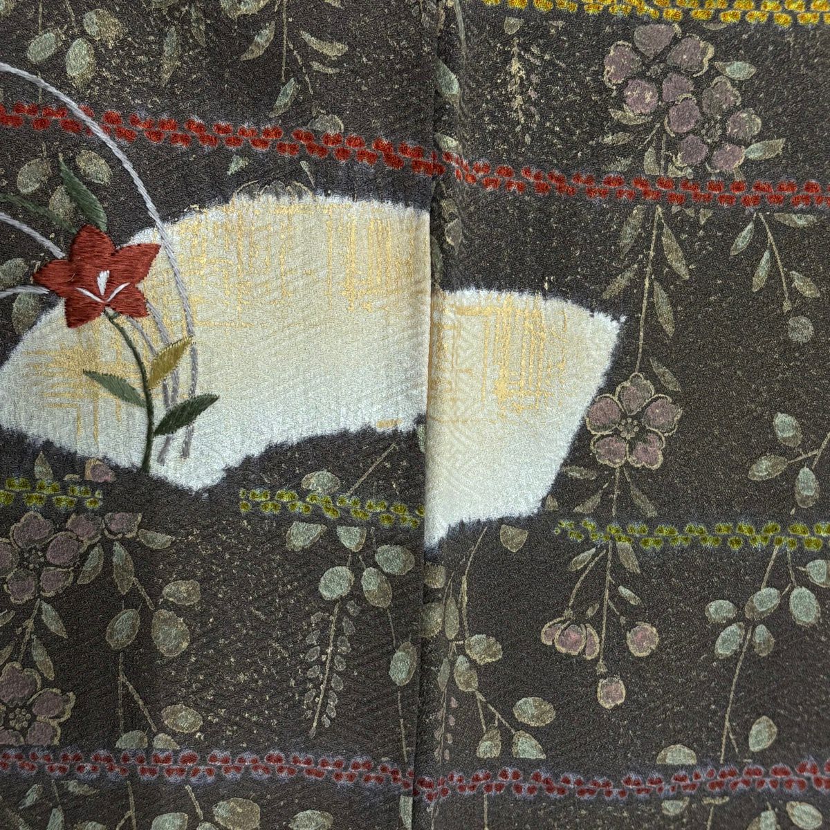 【美品】訪問服 身長159cm 袖長66cm M 雙層 扇子面 椿 金糸刺繡 薄茶 純蠶絲 秀品級