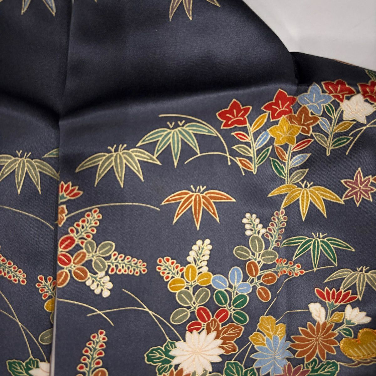 訪問服 身長161cm 袖長63.5cm S 雙層 御所車 松樹竹子梅花 金絲 金銀彩 青紫 純蠶絲 秀品級