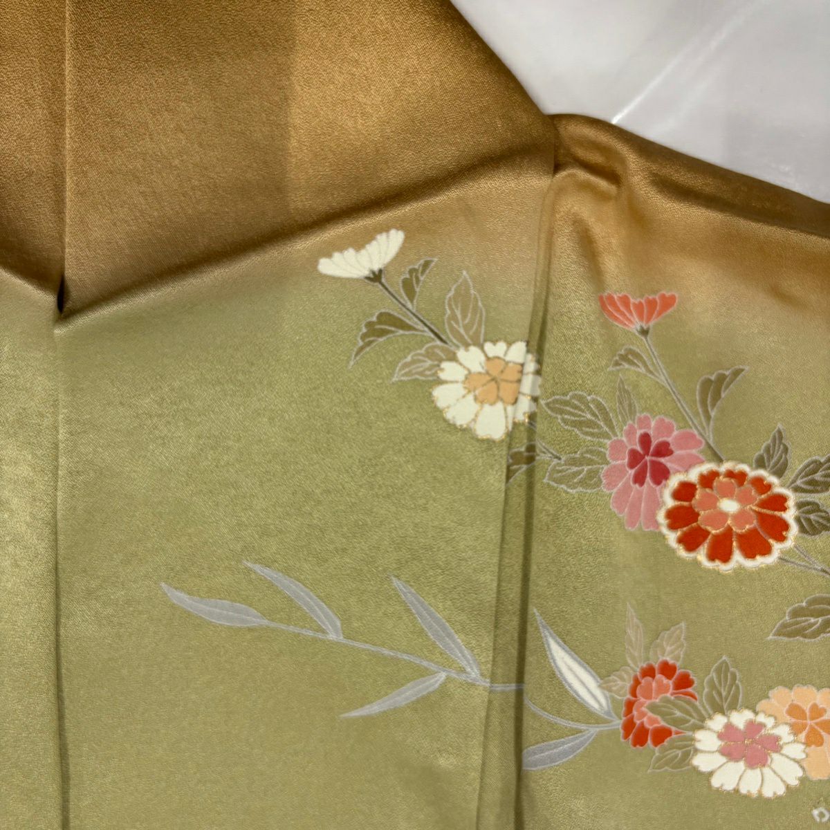 【美品】訪問服 身長158.5cm 袖長62cm S 雙層 菊花 間垣 金銀彩 絞染 抹茶 純蠶絲 秀品級