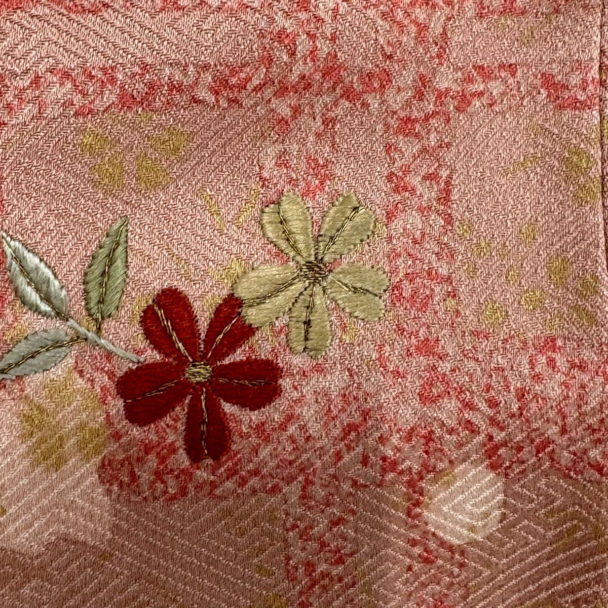 訪問服 身長160.5cm 袖長64cm M 雙層 建物 雪輪 刺繡 金彩裝飾 粉米色 純蠶絲 秀品級