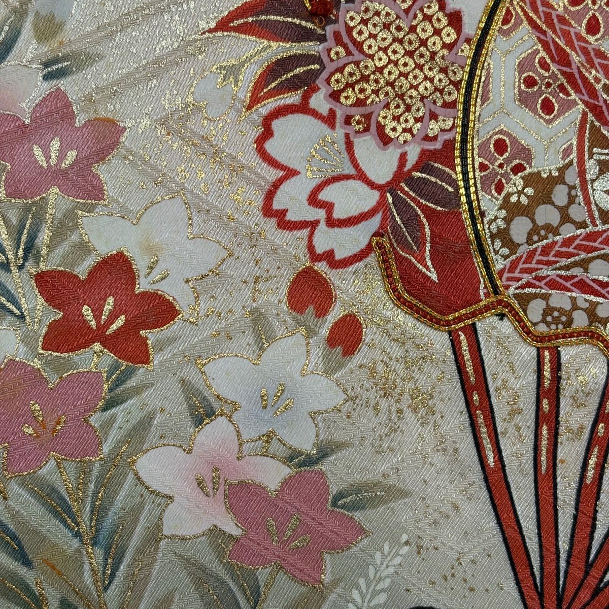 振袖禮服 身長159cm 袖長66.5cm M 雙層 鼓 花鳥 金絲 金銀彩 朱 純蠶絲 秀品級