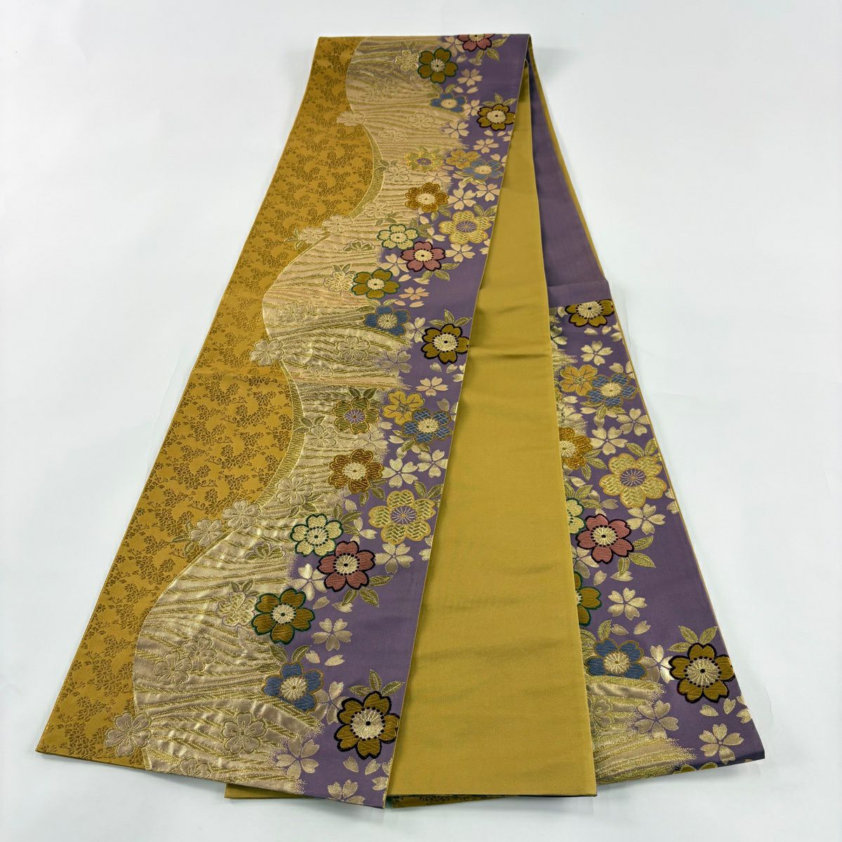 【美品】 袋帶 秀品級 樱花 斜條 金絲 唐織 山吹茶 純蠶絲 六通