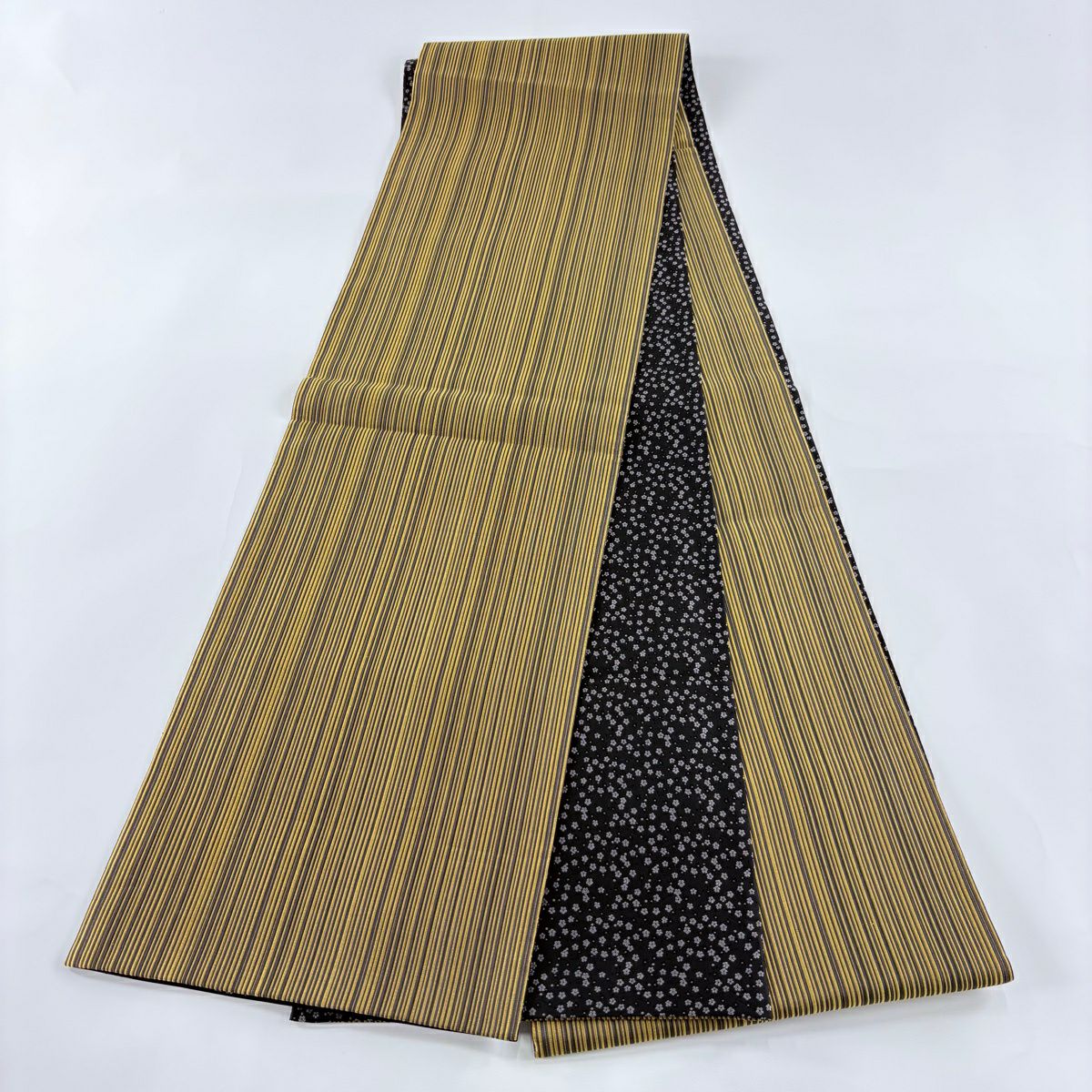 【美品】 袋帶 秀品級 縞 茶綠 全通 純蠶絲