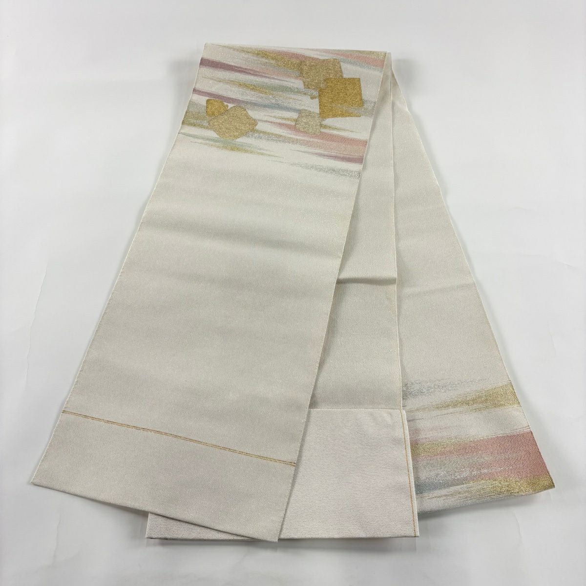 【美品】名古屋帶 優品級 八寸名古屋帶 松樹葉仕立 霞 破れ色紙 金銀彩 米色 純蠶絲