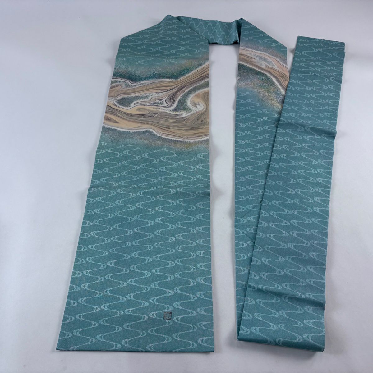 【美品】 名古屋帶 名品級 附落款 墨流紋 斜條紋 淺綠 純蠶絲