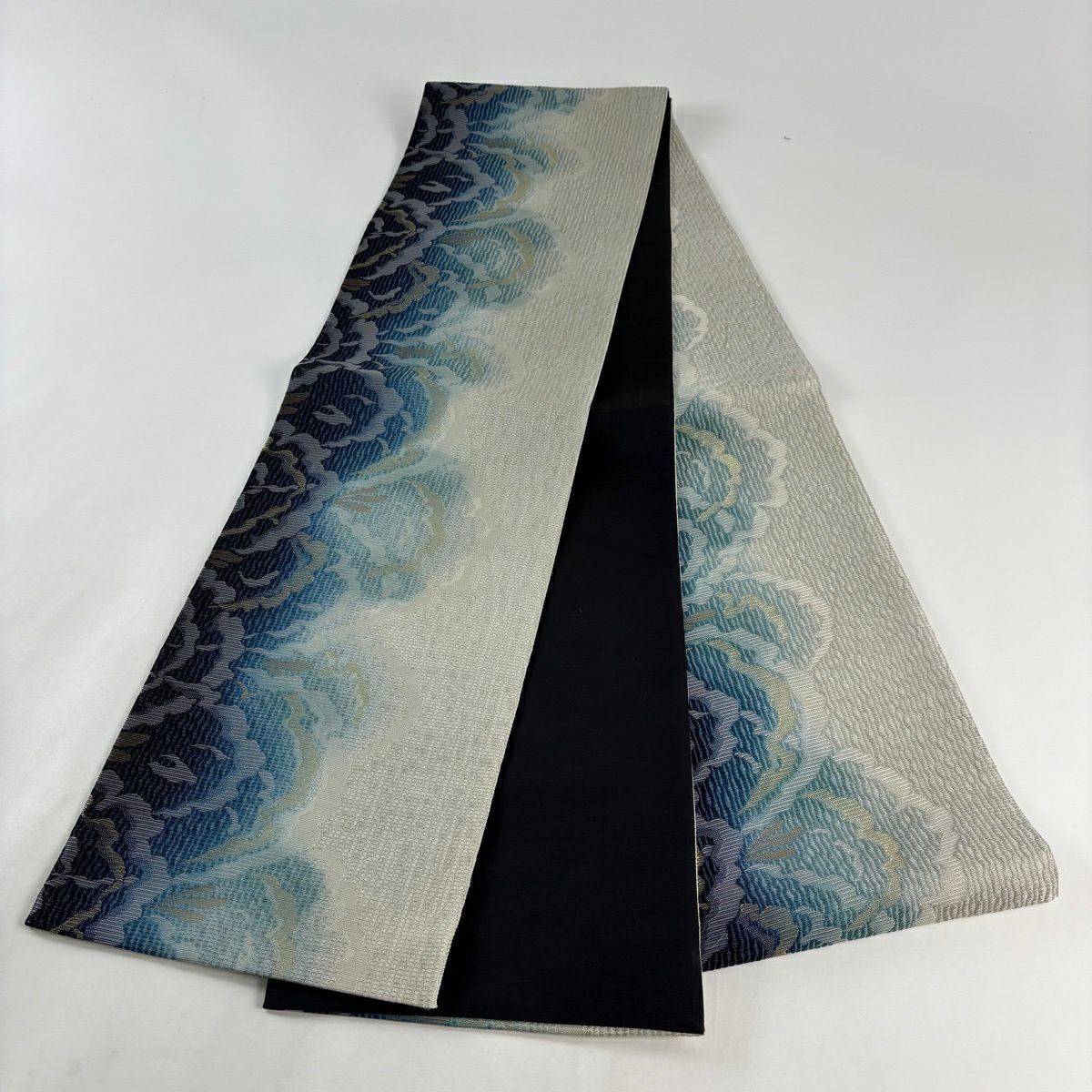 【美品】 袋帶 名品級 幾何學 金銀彩 藍色 全通 純蠶絲