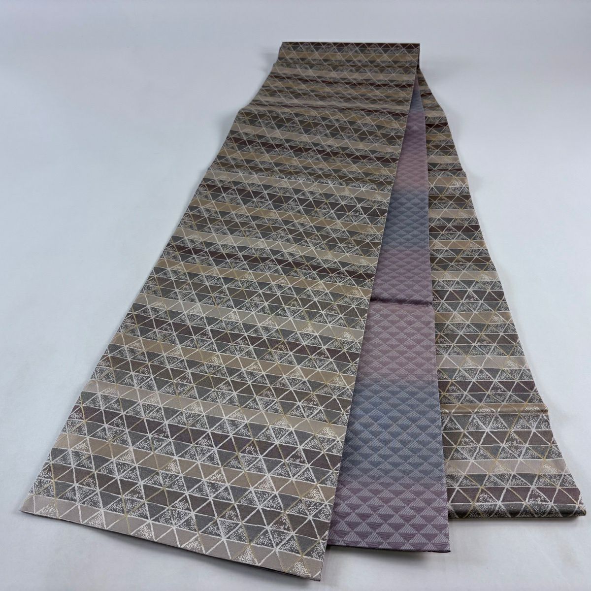 【美品】 袋帶 名品級 鱗紋 縞紋 金金箔 薄茶 全通 純蠶絲