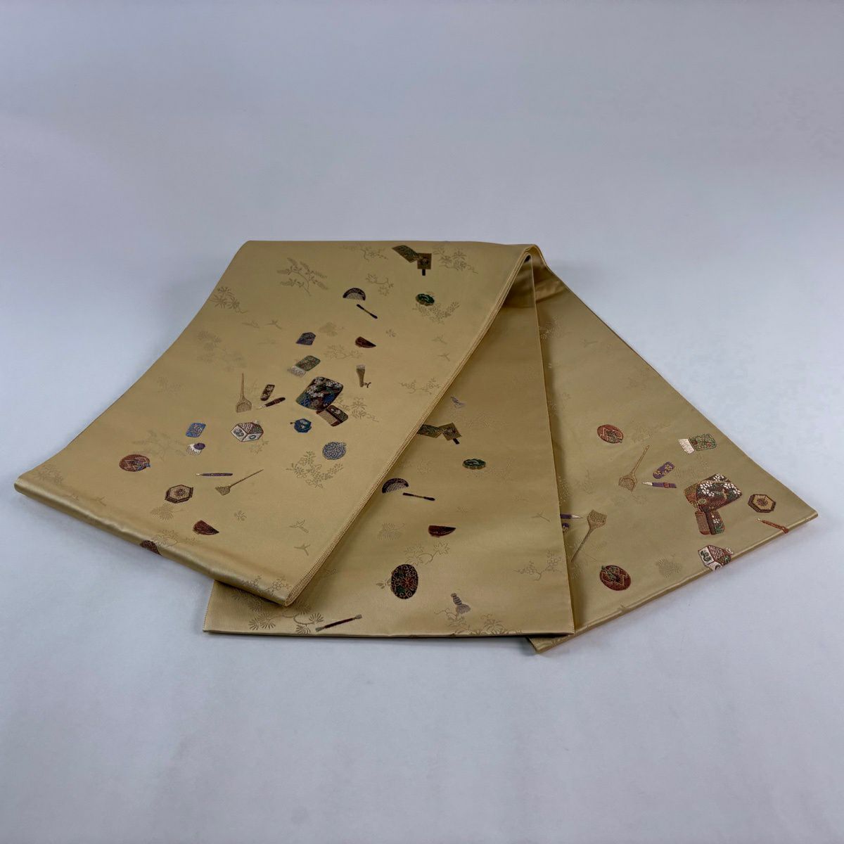 袋帶 名品級 髮梳 筆 金金箔 刺繡 淺茶 純蠶絲