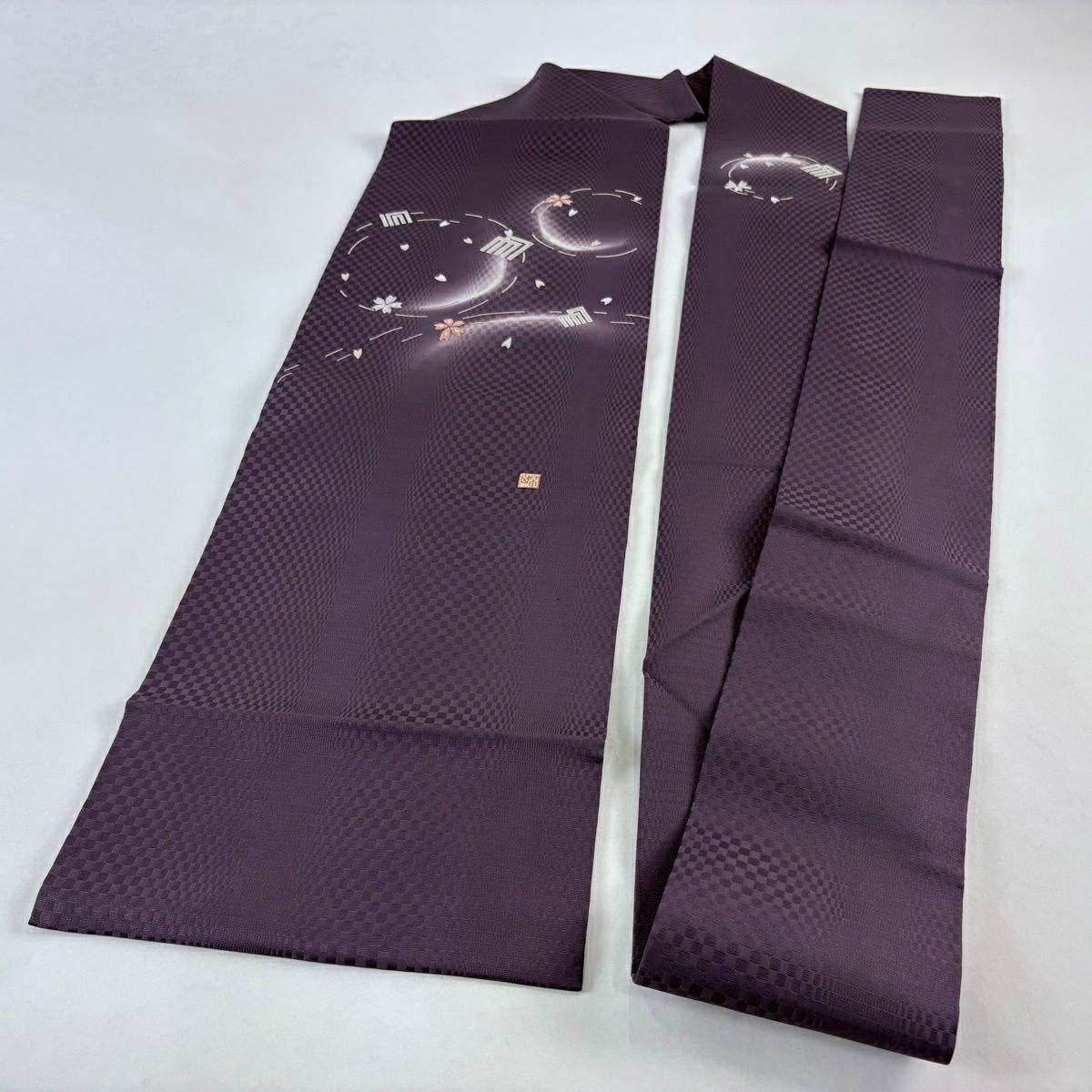 【美品】 名古屋帶 名品級 附有落款 源氏香 櫻花 相良刺繡 漸層 紫 純蠶絲
