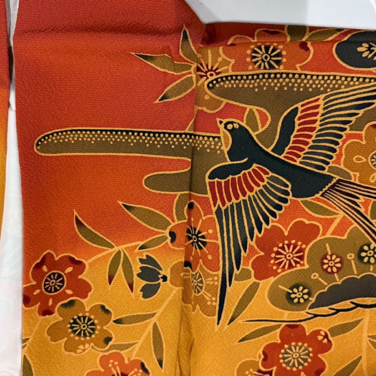 【美品】振袖禮服 身長170cm 袖長66cm M 雙層 牡丹 流水 染分 橙色 純蠶絲 名品級