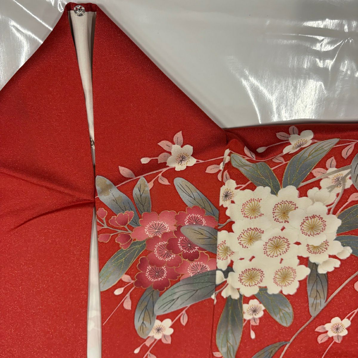 【美品】振袖禮服 身長170cm 袖長67.5cm L 雙層 櫻花 輪廓 金通 金金箔 朱紅 純蠶絲 名品級