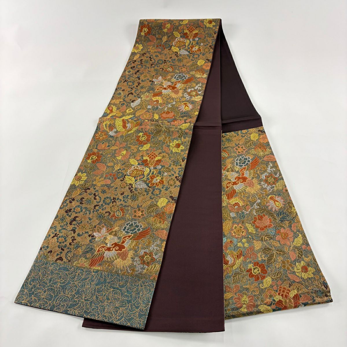 【美品】 袋帶 秀品級 草花紋紋 鳥 金金箔 金線 銀 六通 純蠶絲