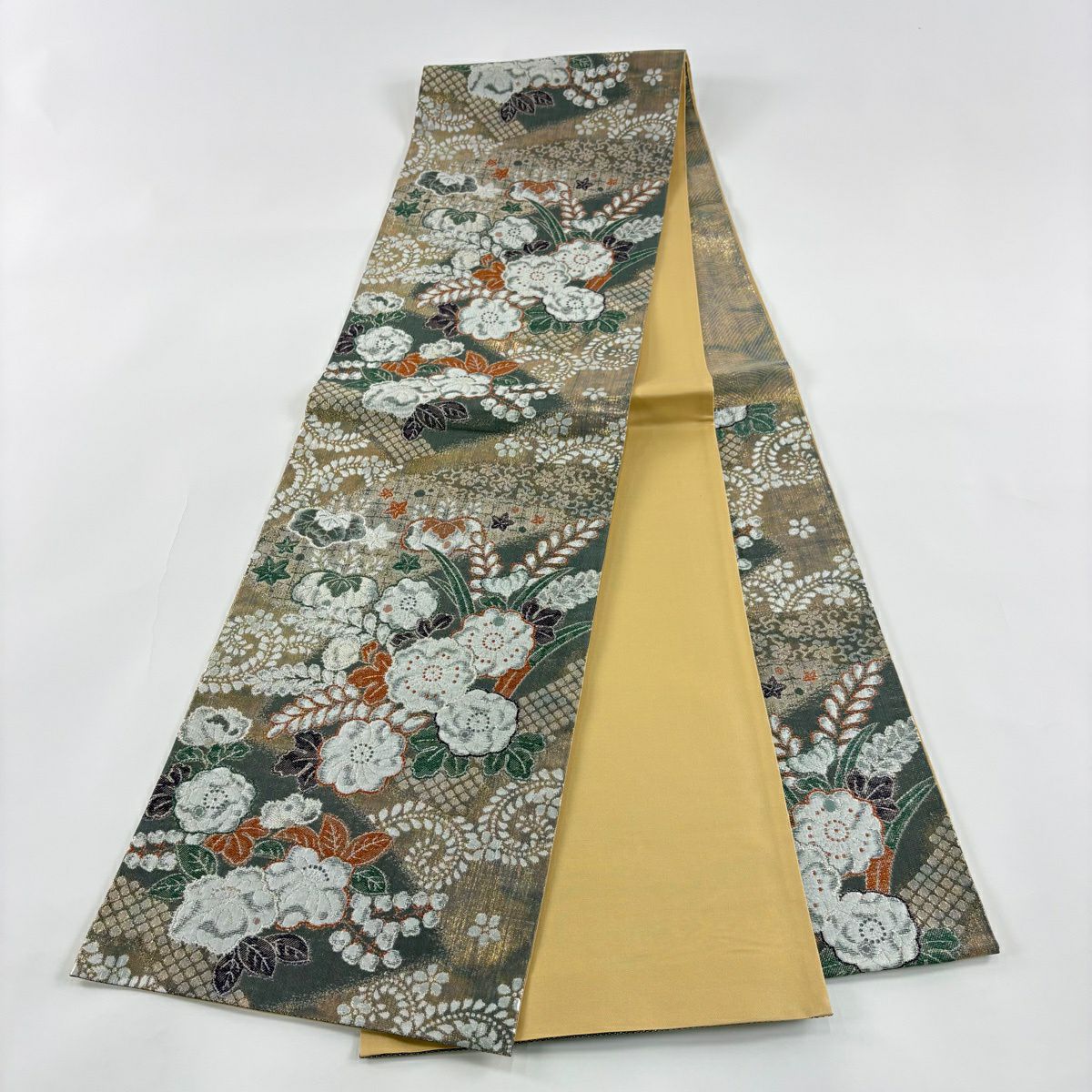 【美品】 袋帶 秀品級 辻花染圖案 桐 金金箔 黑灰 六通 純蠶絲