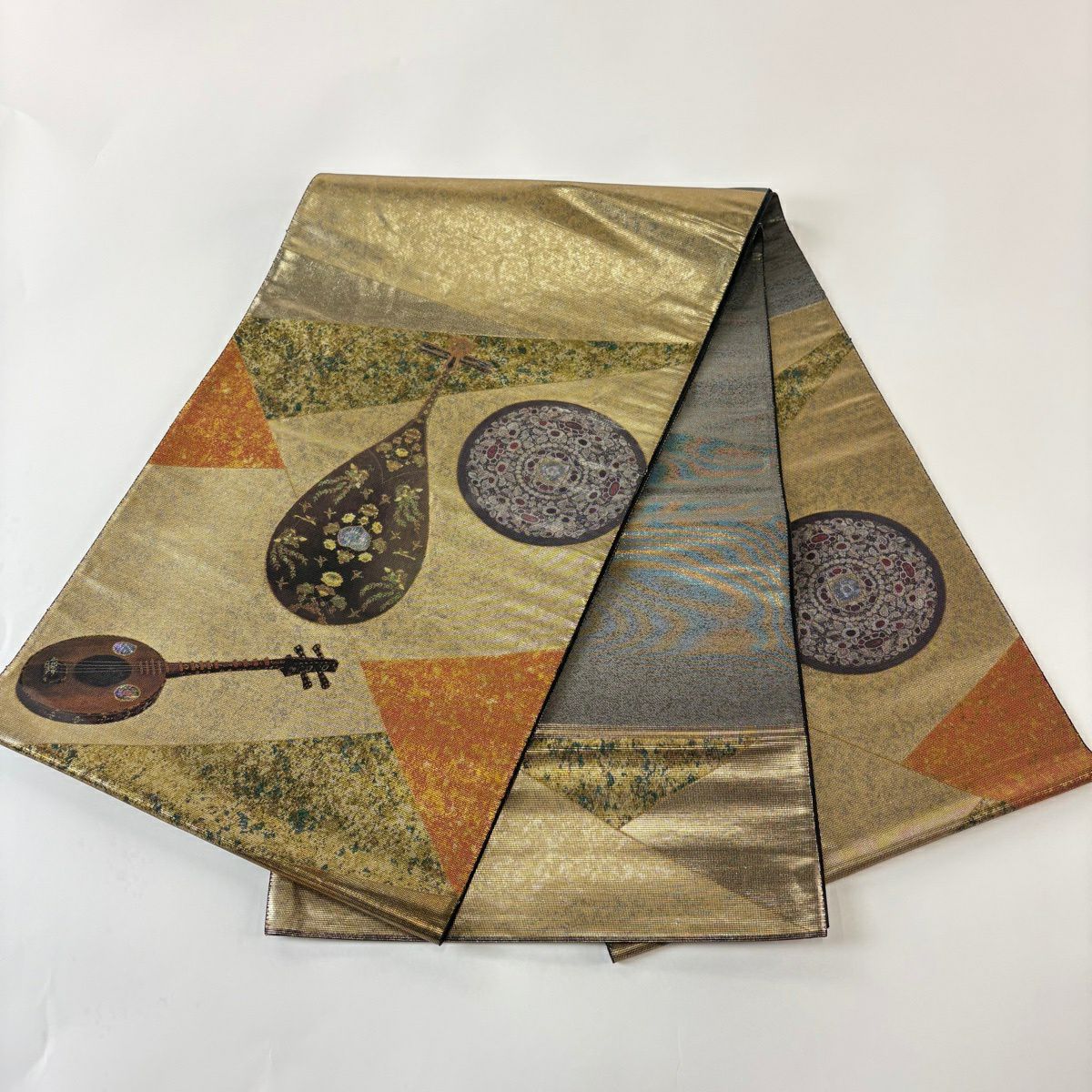 【美品】 袋帶 秀品級 關西仕立 雙面琵琶 鏡裏文 螺鈿 金金箔 金色 大鼓圖案 純蠶絲