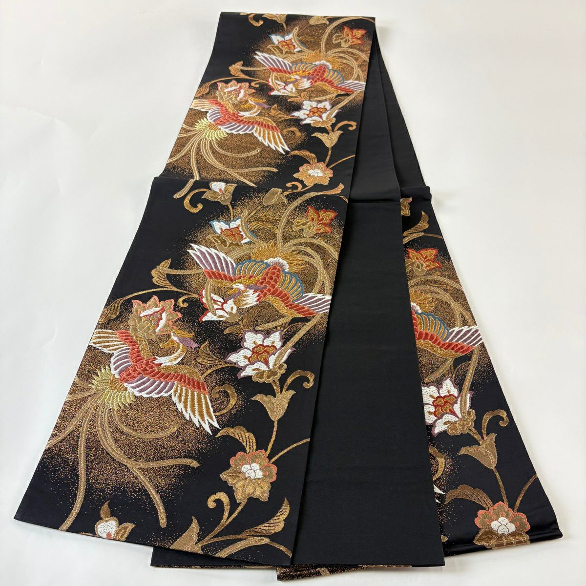 袋帶 秀品級 向鳥 草花紋刺繡 金金箔 黑 六通 純蠶絲