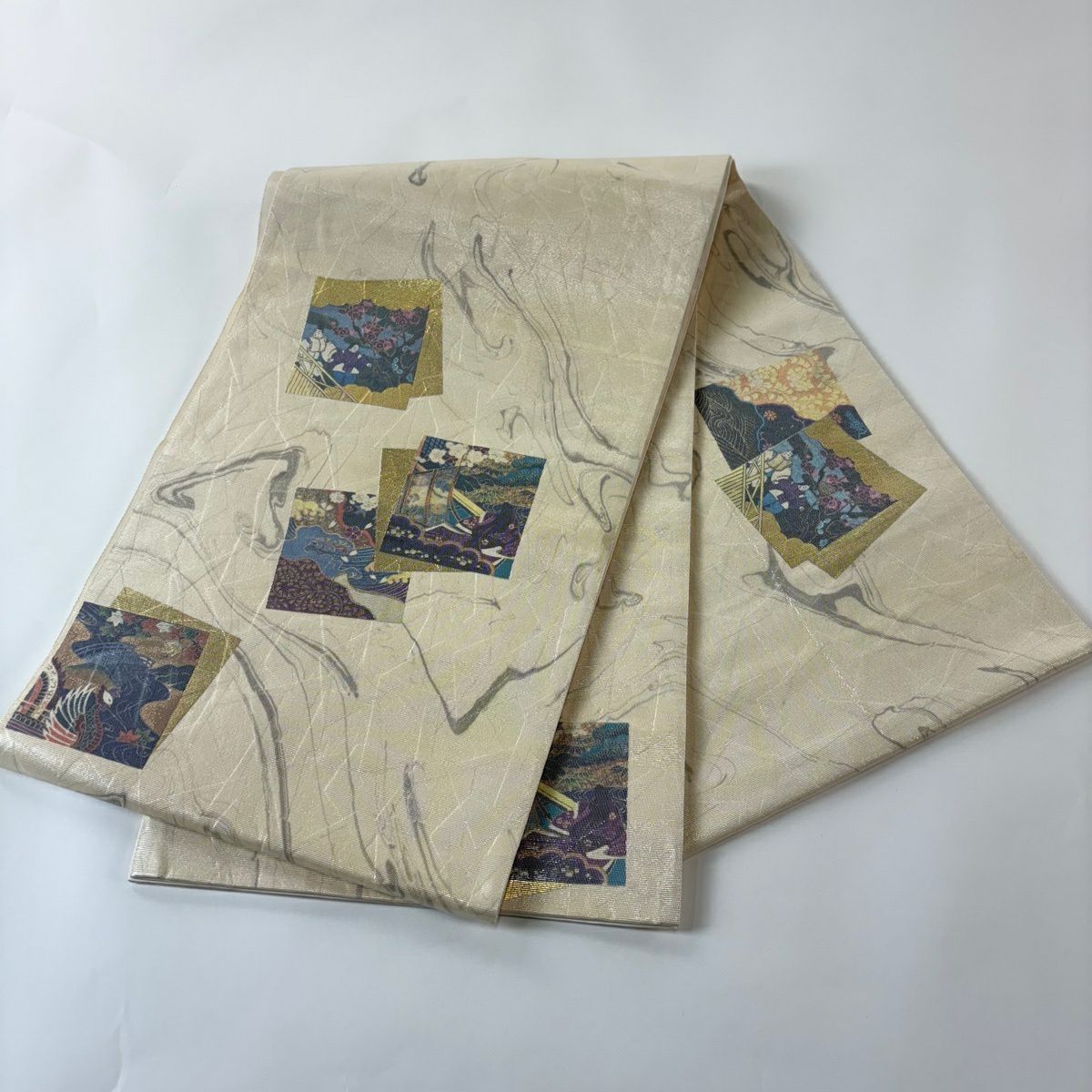 袋帶 秀品級 幾帳 色紙 螺鈿 金金箔 米色 純蠶絲