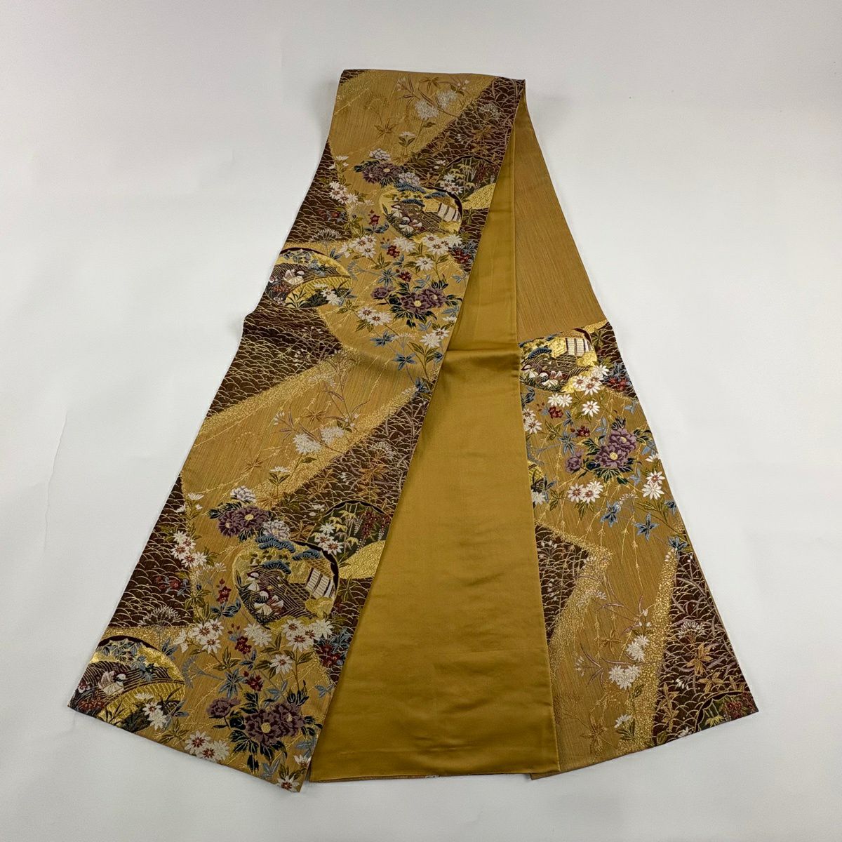 【美品】 袋帶 秀品級 貝合わせ 鴛鴦 金糸 金金箔 黃土 深藍色 六通 純蠶絲