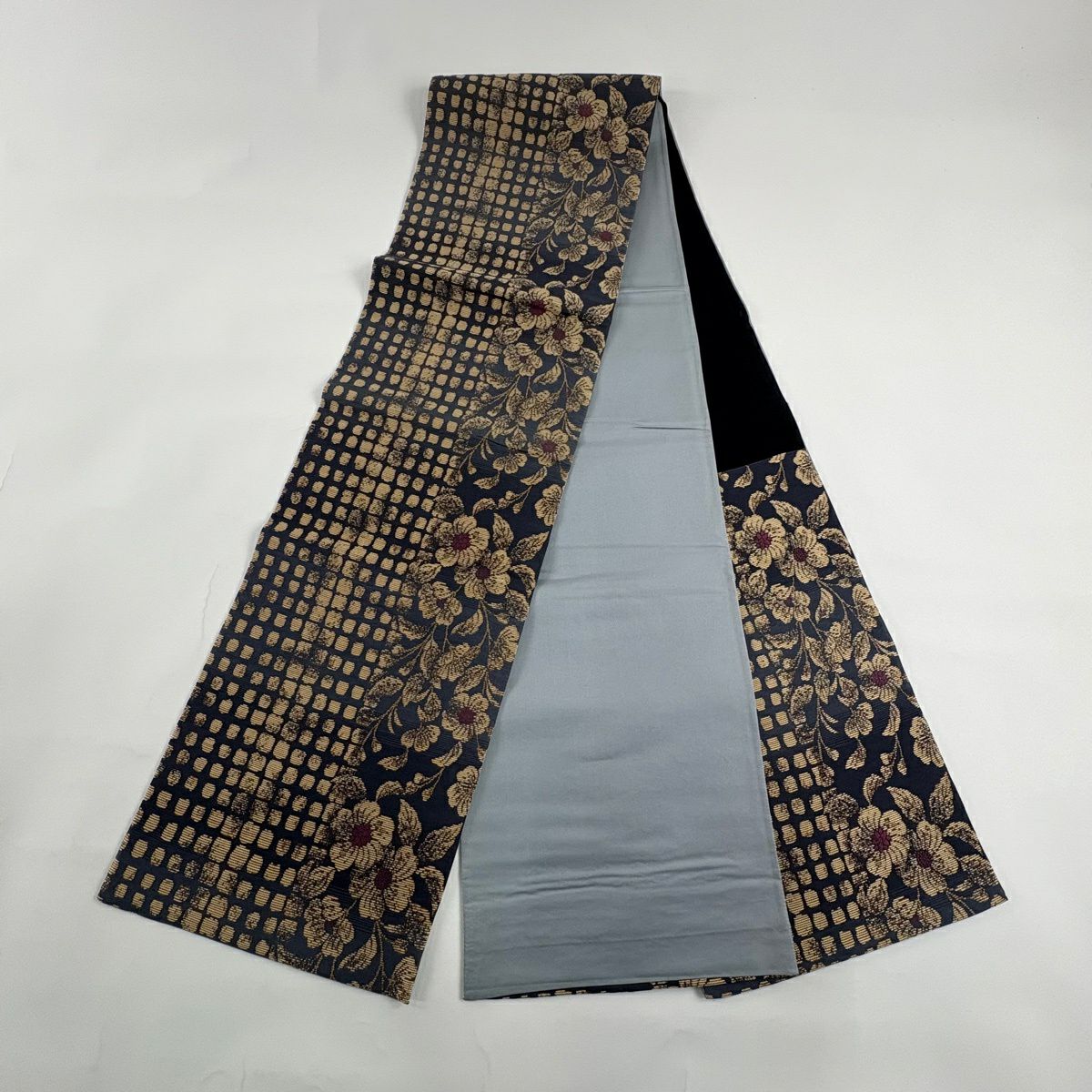 【美品】 袋帶 秀品級 草花紋紋 幾何學 金絲 青灰 六通 純蠶絲