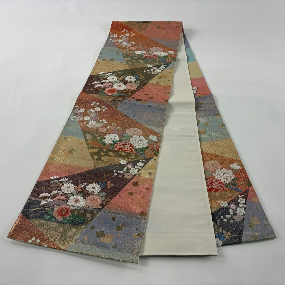 【美品】 袋帶 秀品級 關西仕立 秋草 金金箔散佈 金絲 藍灰 六通 純蠶絲