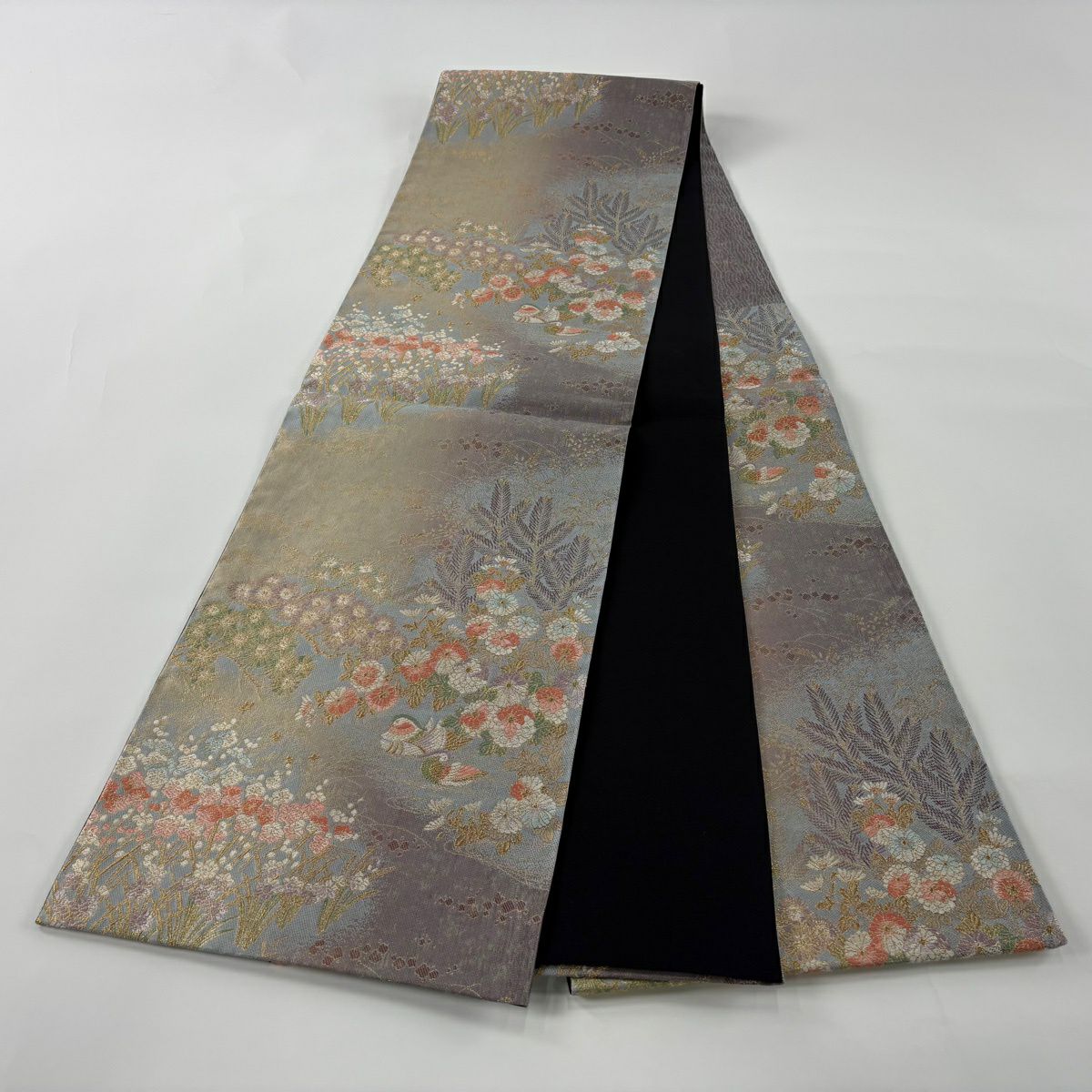 【美品】 袋帶 秀品級 松樹竹子梅花 鴛鴦 金絲 金金箔 灰紫 六通 純蠶絲