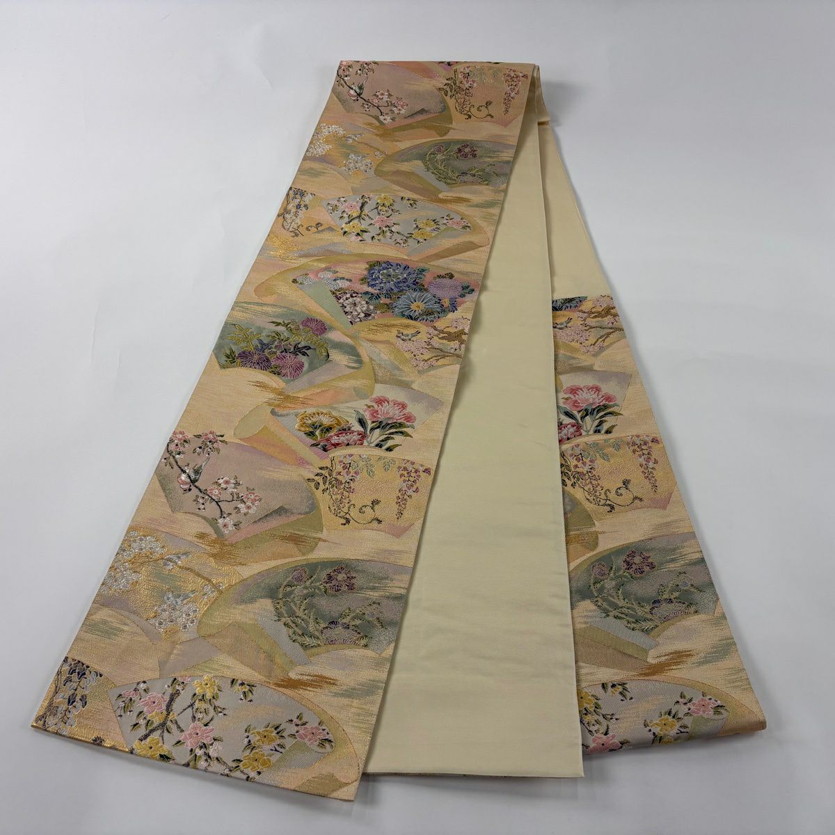 袋帶 秀品級 扇子面 花鳥 金絲 金金箔 金色 六通 純蠶絲