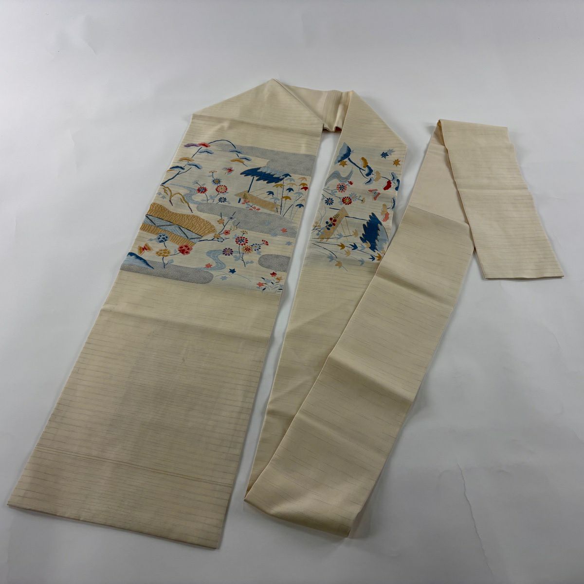 名古屋帶 秀品級 松樹竹子梅花 銀霞 金絲 奶油色 純蠶絲