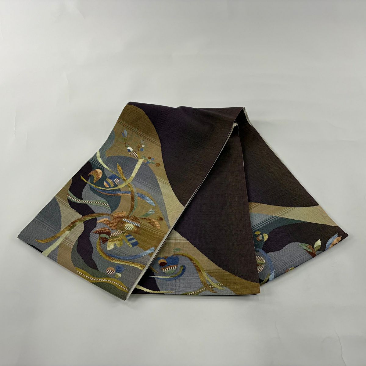 【美品】 袋帶 秀品級 山並 花 紫 お太鼓圖案 純蠶絲
