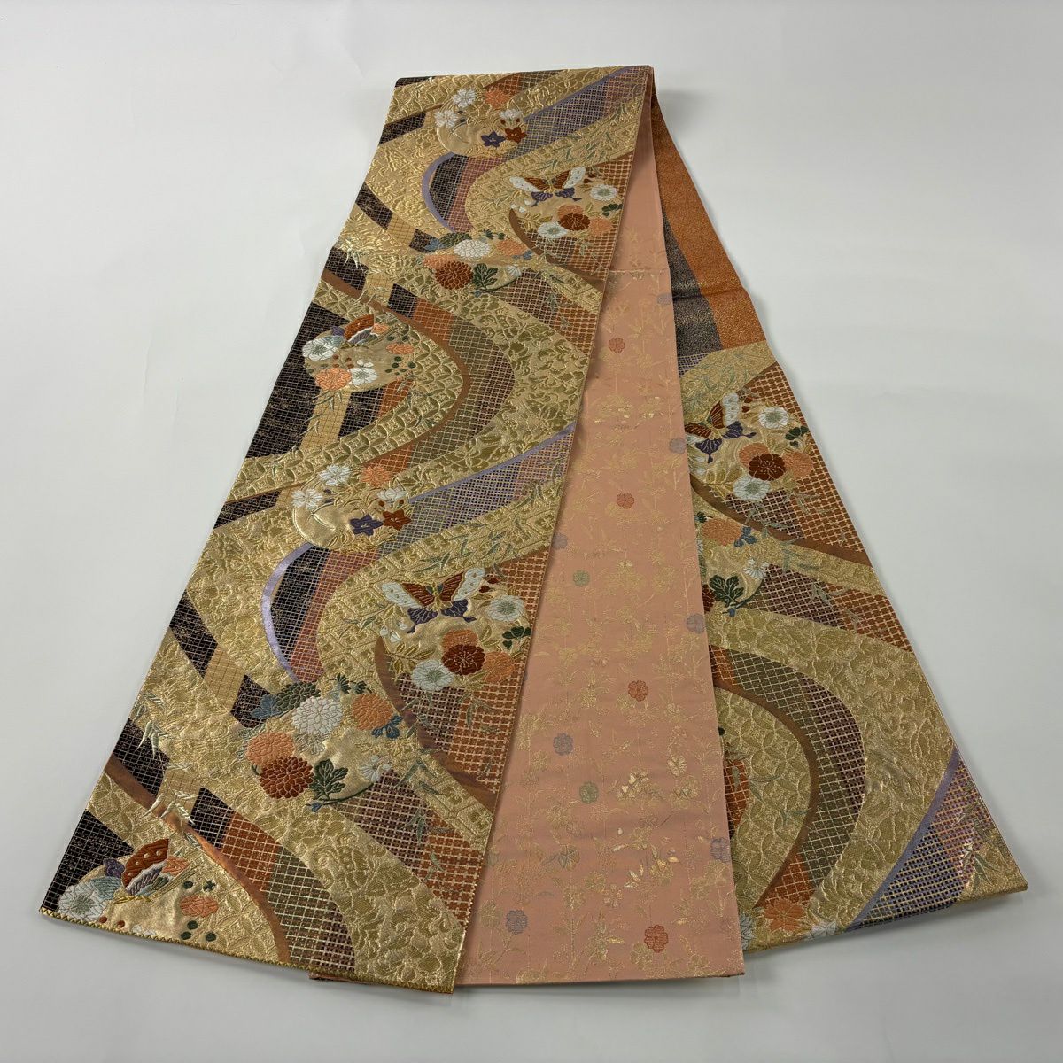 【美品】 袋帶 秀品級 振袖禮服禮服用 花丸紋 蝴蝶 金絲 唐織 金色 六通 純蠶絲