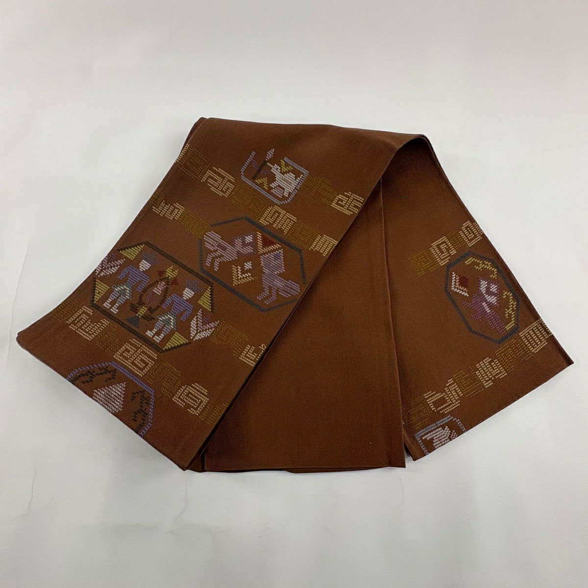 袋帶 秀品級 人物 動物 刺繡 茶 お太鼓紋 純蠶絲