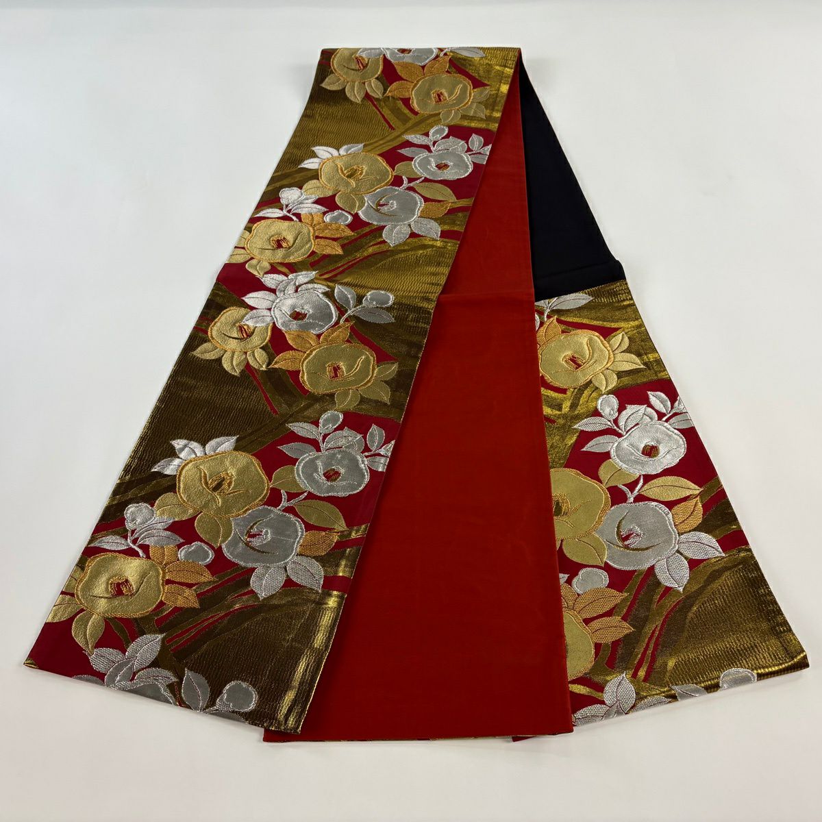 【美品】 袋帶 秀品級 振袖禮服禮服用 椿 金銀彩 金金箔 紅 六通 純蠶絲