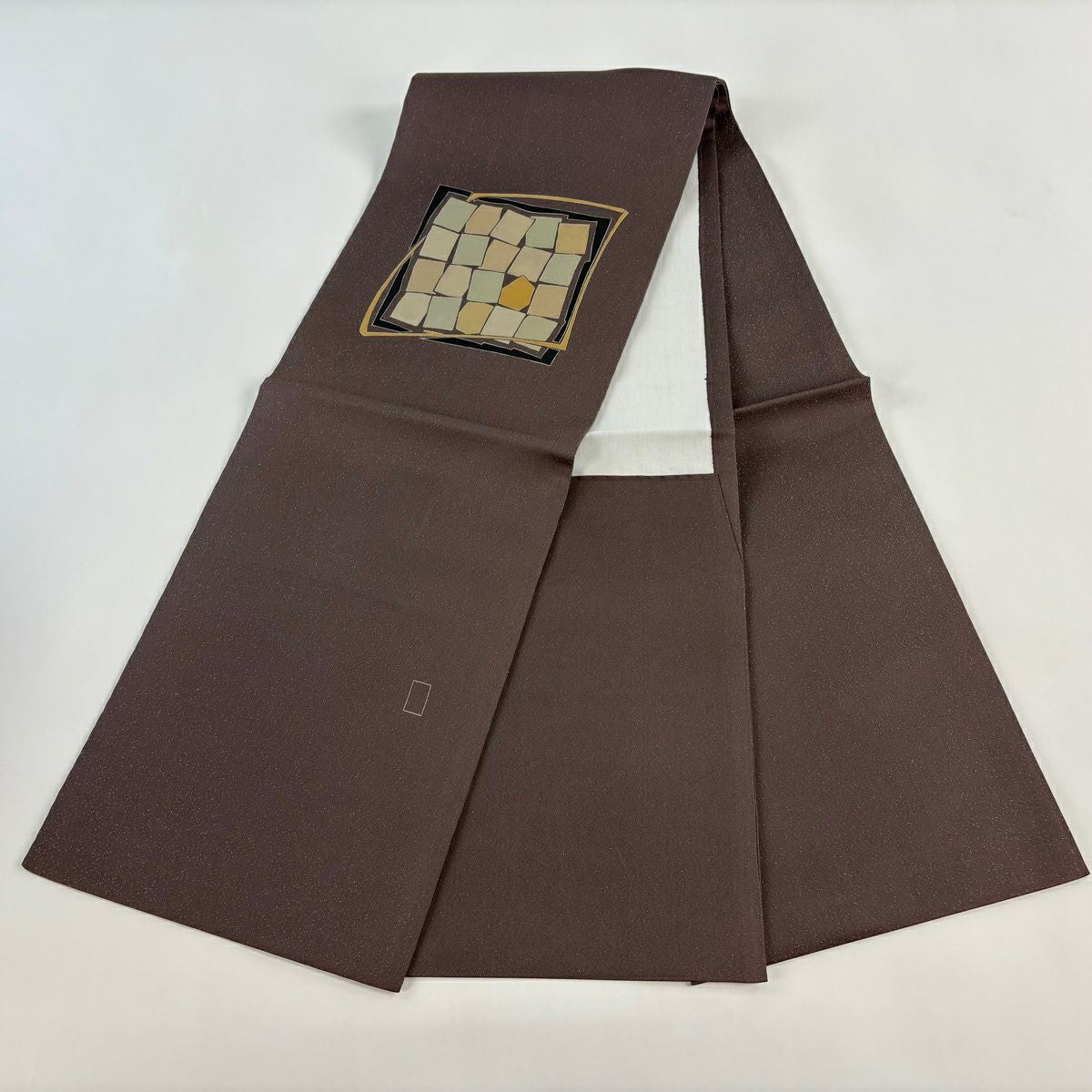 【美品】 開口名古屋帶 秀品級 幾何學 金銀彩 銀線 灰紫 純蠶絲