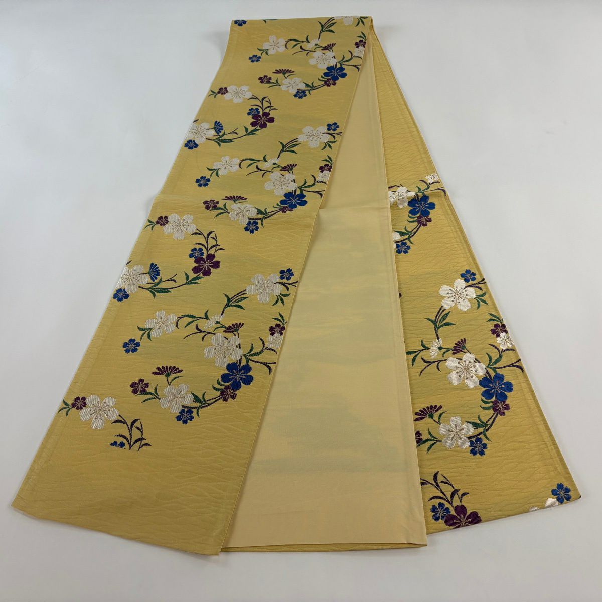 【美品】 袋帶 秀品級 證書齊全 枝花 金金箔 山吹 深藍 六通 純蠶絲