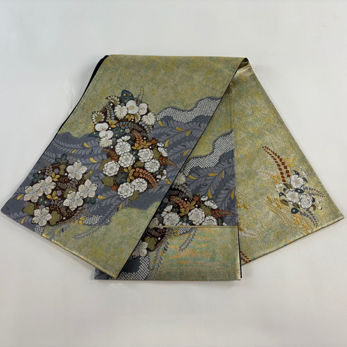 【美品】 袋帶 秀品級 關西仕立 辻花染圖案 道長取 金絲 金金箔 金色 大鼓圖案 純蠶絲