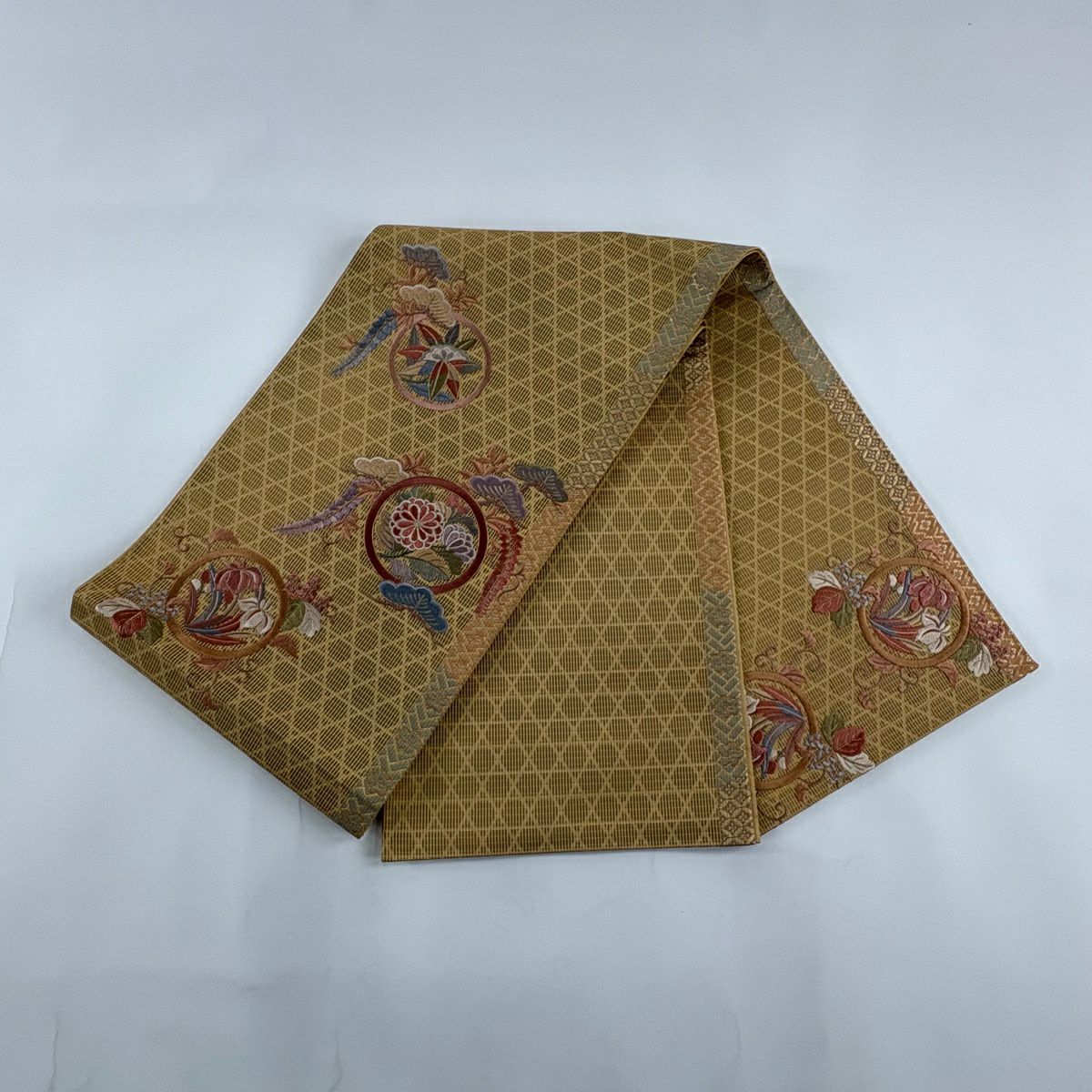 【美品】 袋帶 秀品級 松樹 菊花 刺繡 金金箔 黃土 素色 正蠶絲