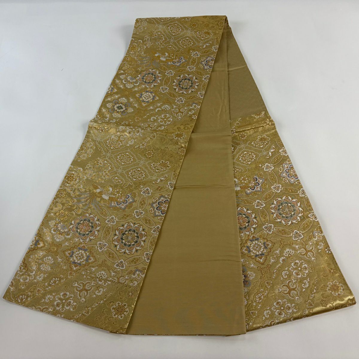 【美品】 袋帶 秀品級 華紋 尾長鳥 金銀線 金金箔 金色 大鼓圖案 純蠶絲