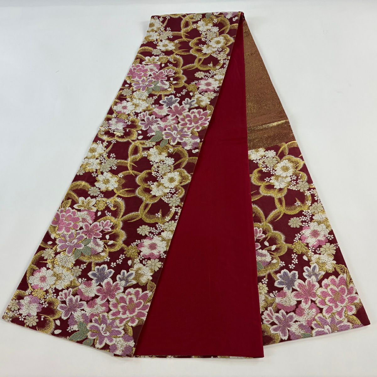 【美品】 袋帶 秀品級 振袖禮服禮服用 櫻花 金絲 金金箔 深紅色 六通 純蠶絲