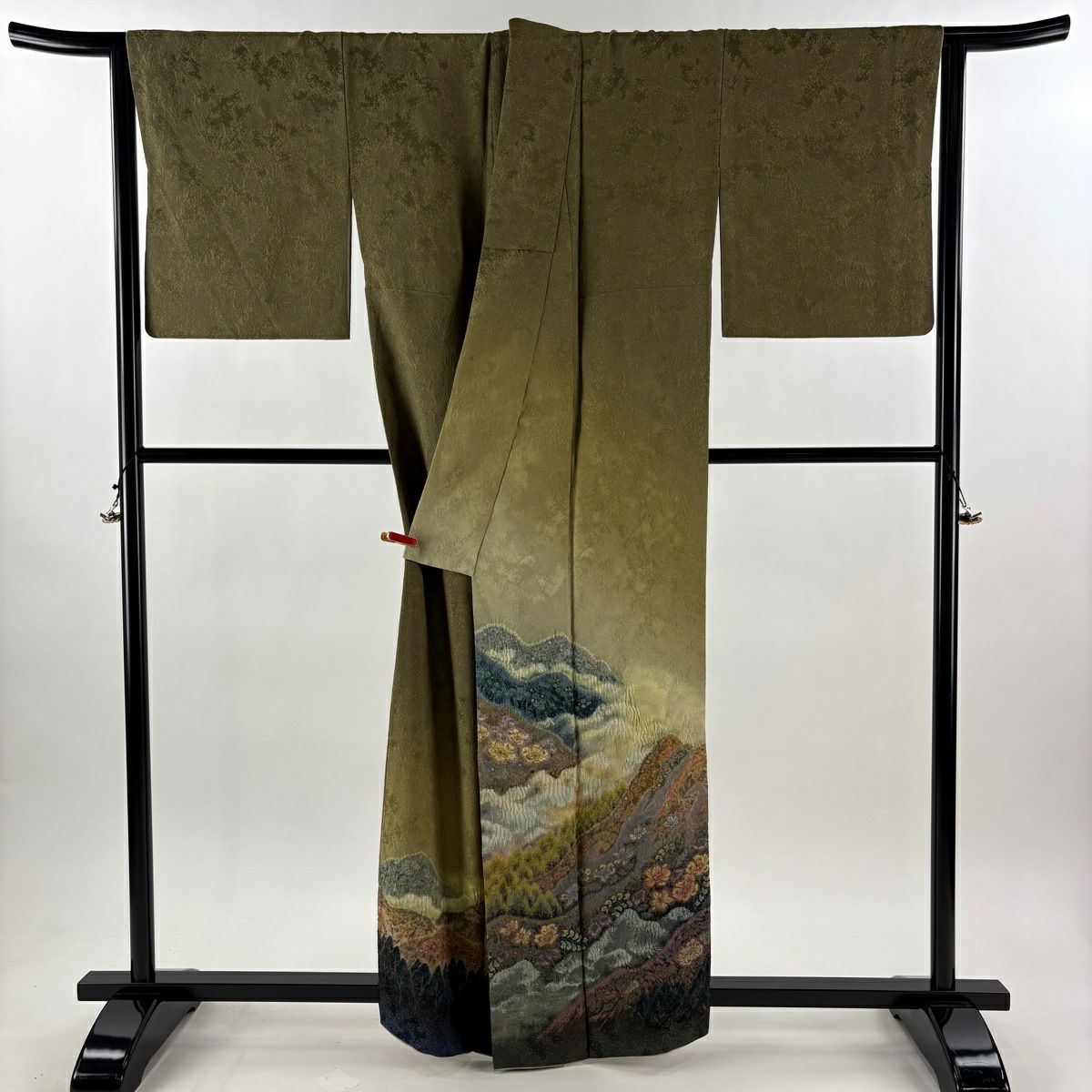 【美品】訪問服 身長161cm 袖長65.5cm M 雙層 吉乃一廉 有落款 風景 草花紋紋 銀通し 漸層 鶯色 純蠶絲 逸品級